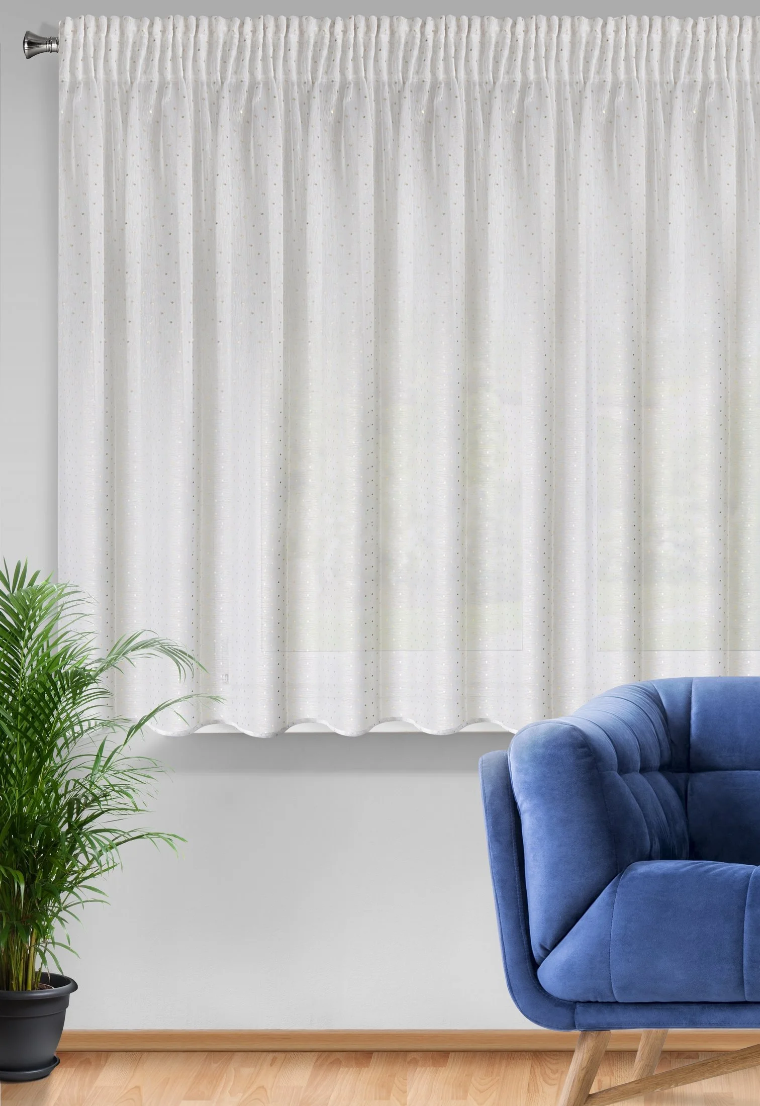 Firana biała z jasnozłotym nadrukiem drobnych kwadracików 300x150 cm taśma SIBEL