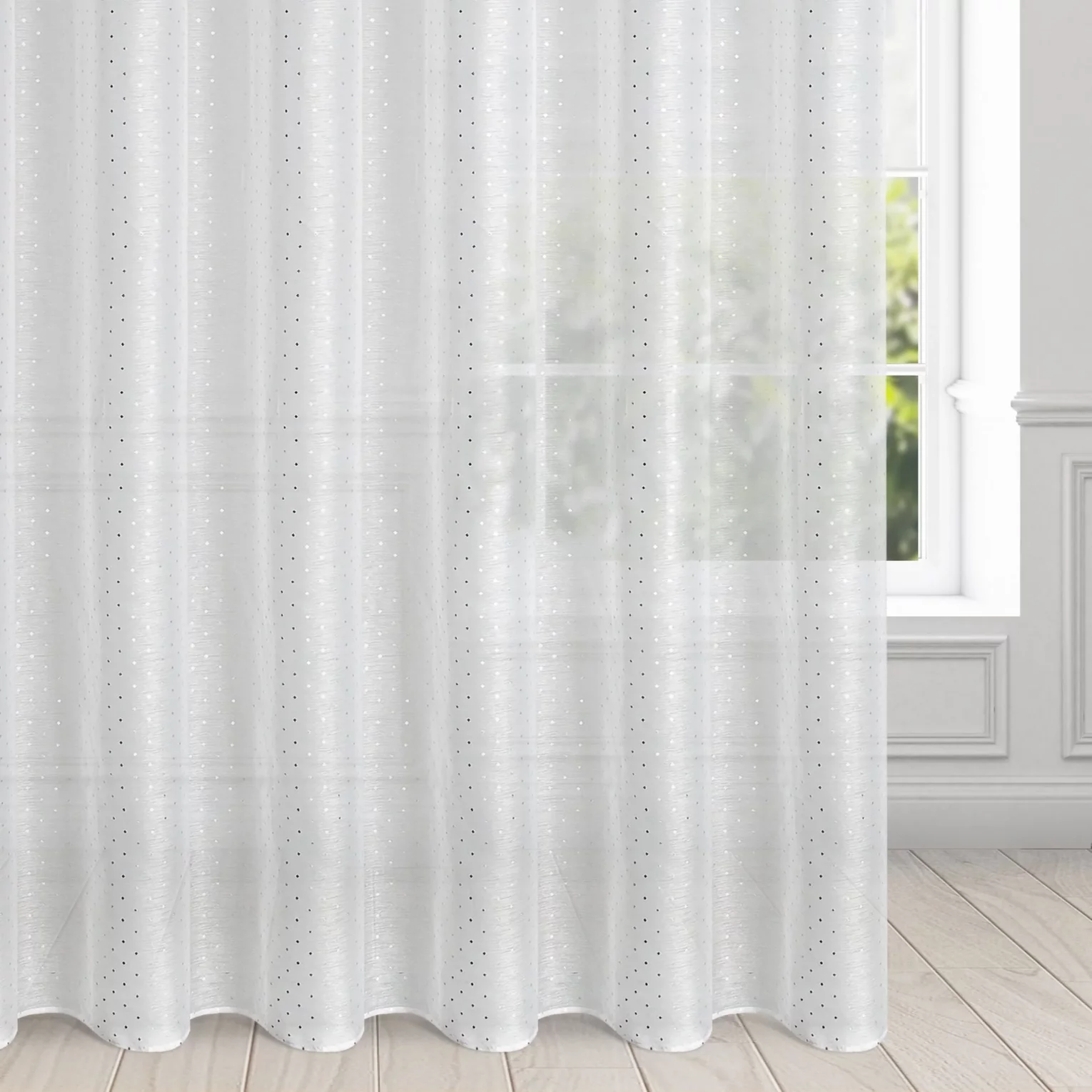 Firana biała z srebrnym nadrukiem drobnych kwadracików 300x250 cm przelotka SIBEL