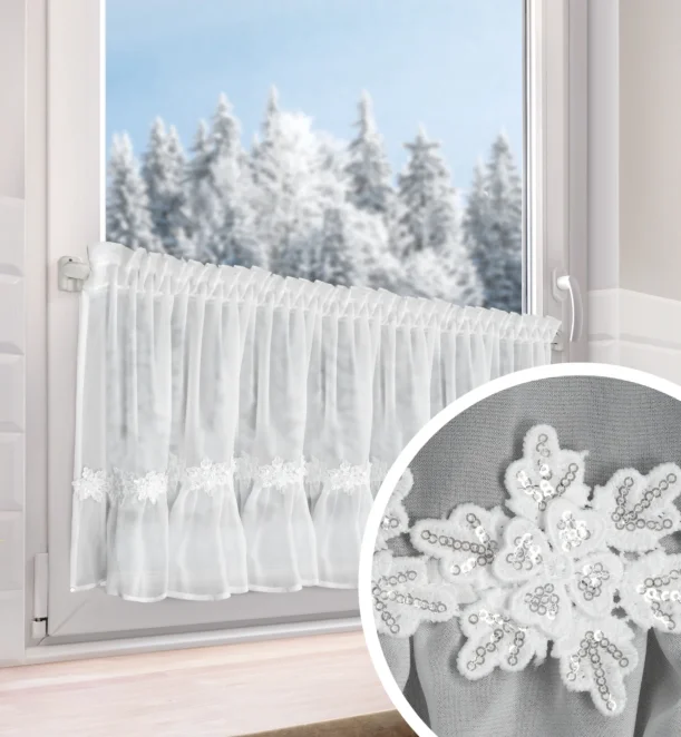 Świąteczna zazdrostka biała z szyfonu zdobiona aplikacją śnieżynek 40x150 cm taśma - XMAS