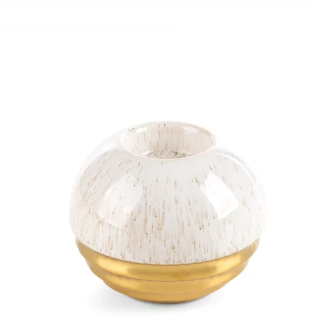 Świecznik ceramiczny dekoracyjny beżowo-złoty  z gładką lśniącą powierzchnią średnica 10x9 cm