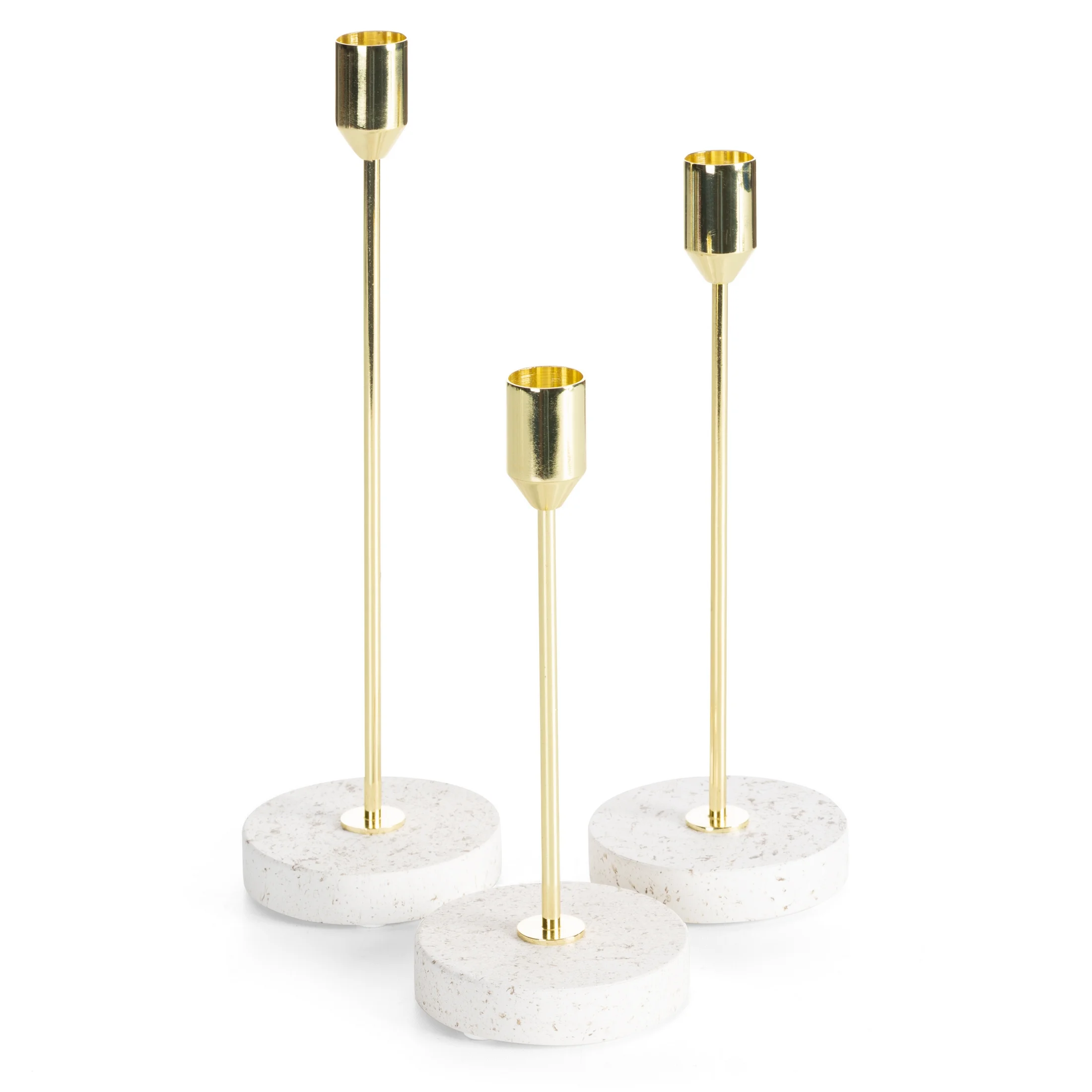 Świecznik dekoracyjny złoto, kremowy o smukłym uchwycie i kamiennej podstawie rozmiar 8x18 cm KORI