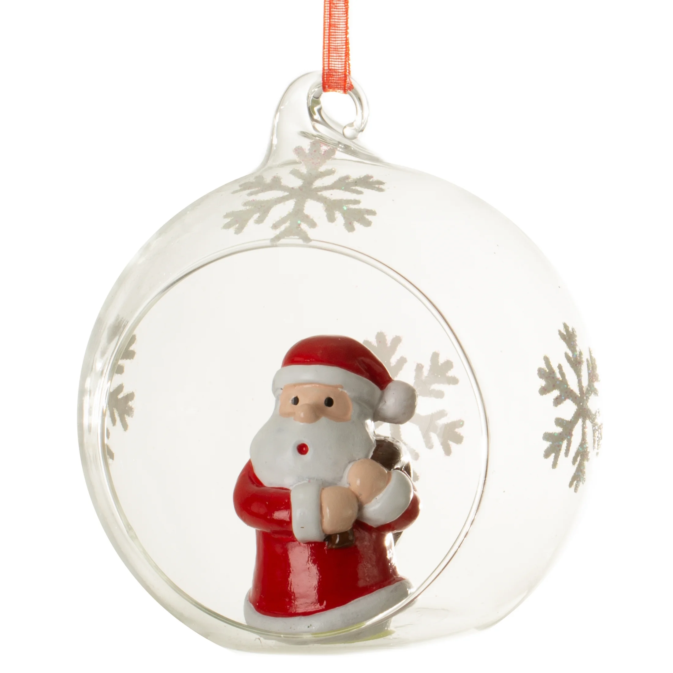 Szklana bombka z otworem zdobiona ręcznie śnieżynkami i uroczym Mikołajem