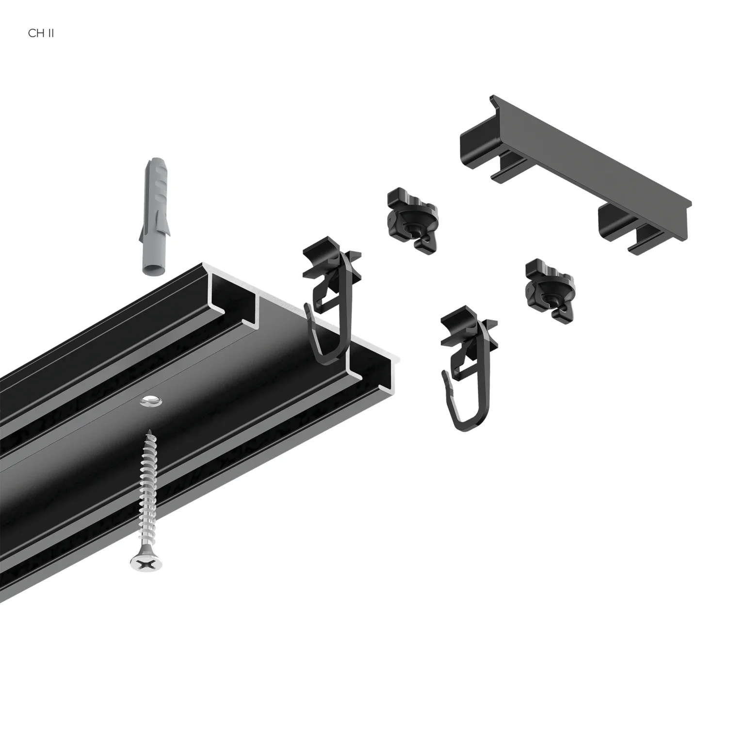 Szyna aluminiowa dwutorowa czarna CH II z akcesoriami – profesjonalny system do firan i zasłon 150 cm