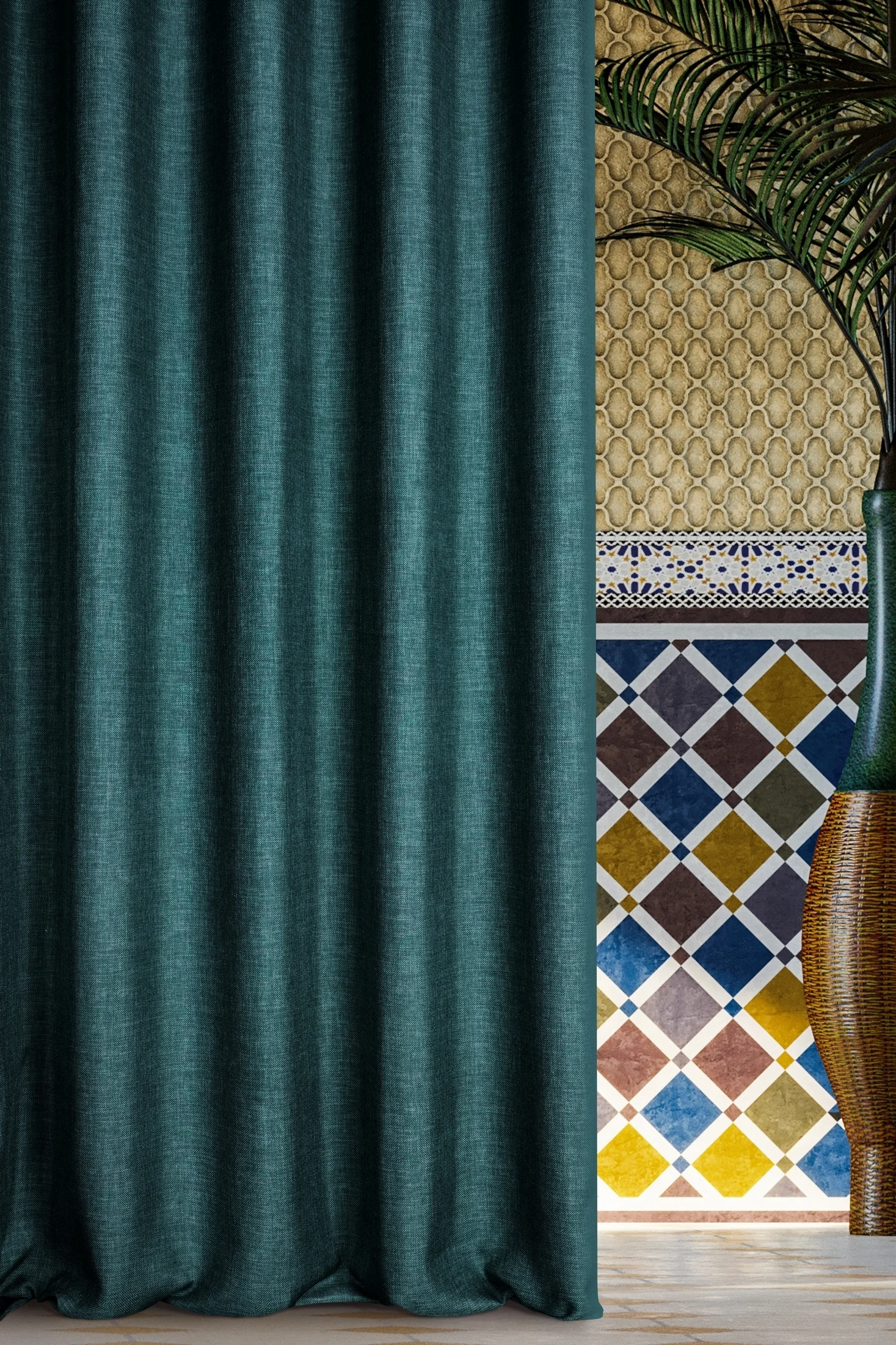 Zasłona ciemnoturkusowa o płóciennym splocie 140x250 cm przelotka - MOROCCO - TERRA COLLECTION
