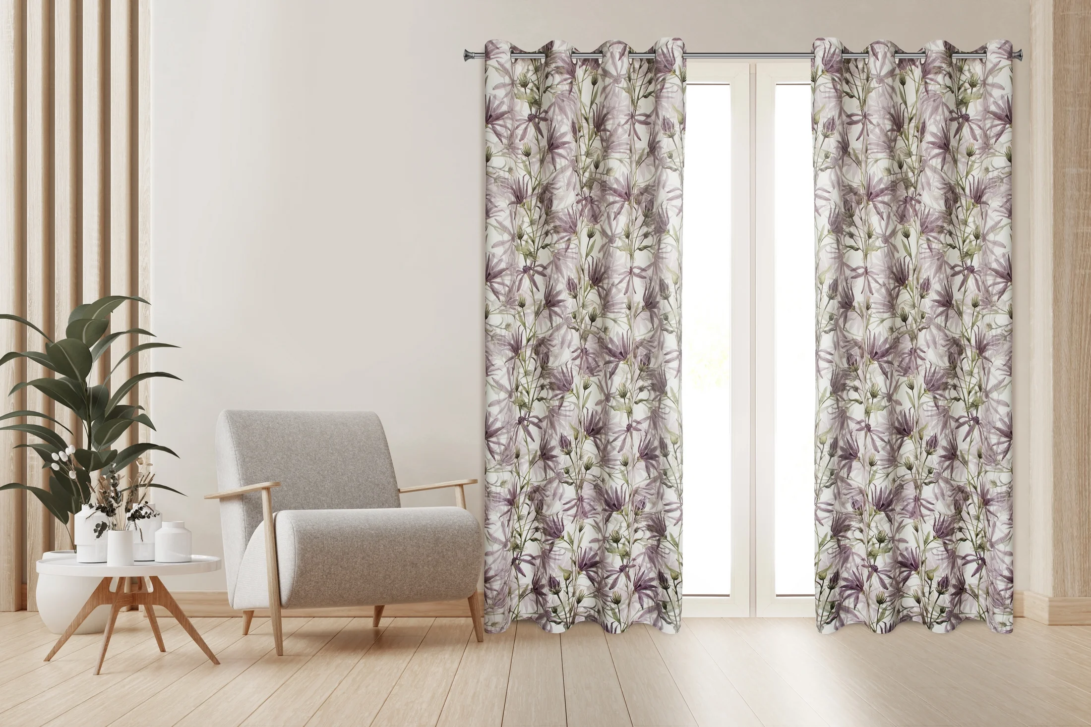 Zasłona fioletowo, zielona z motywem malowanych kwiatów z welwetu 140x250 cm przelotka - TESSA