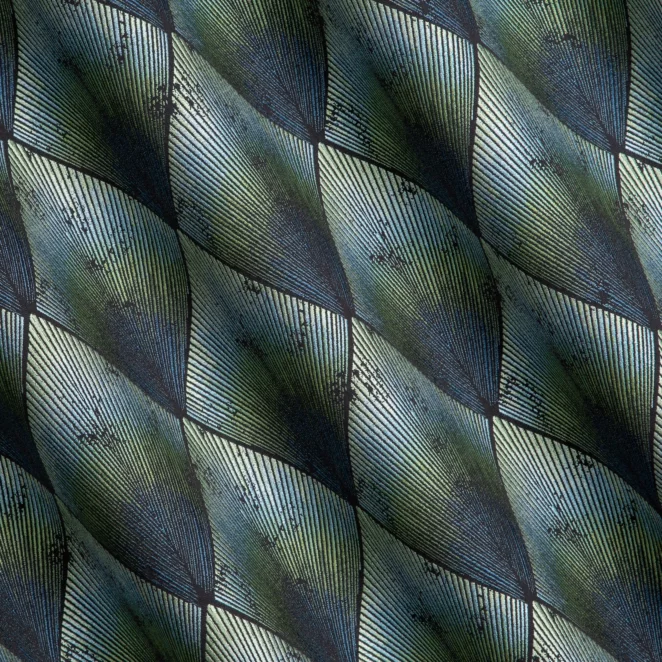 R168/7 Zasłona szyta na flexach czarno turkusowa z tkaniny w elegancki geometryczny wzór z błyszczącą nicią