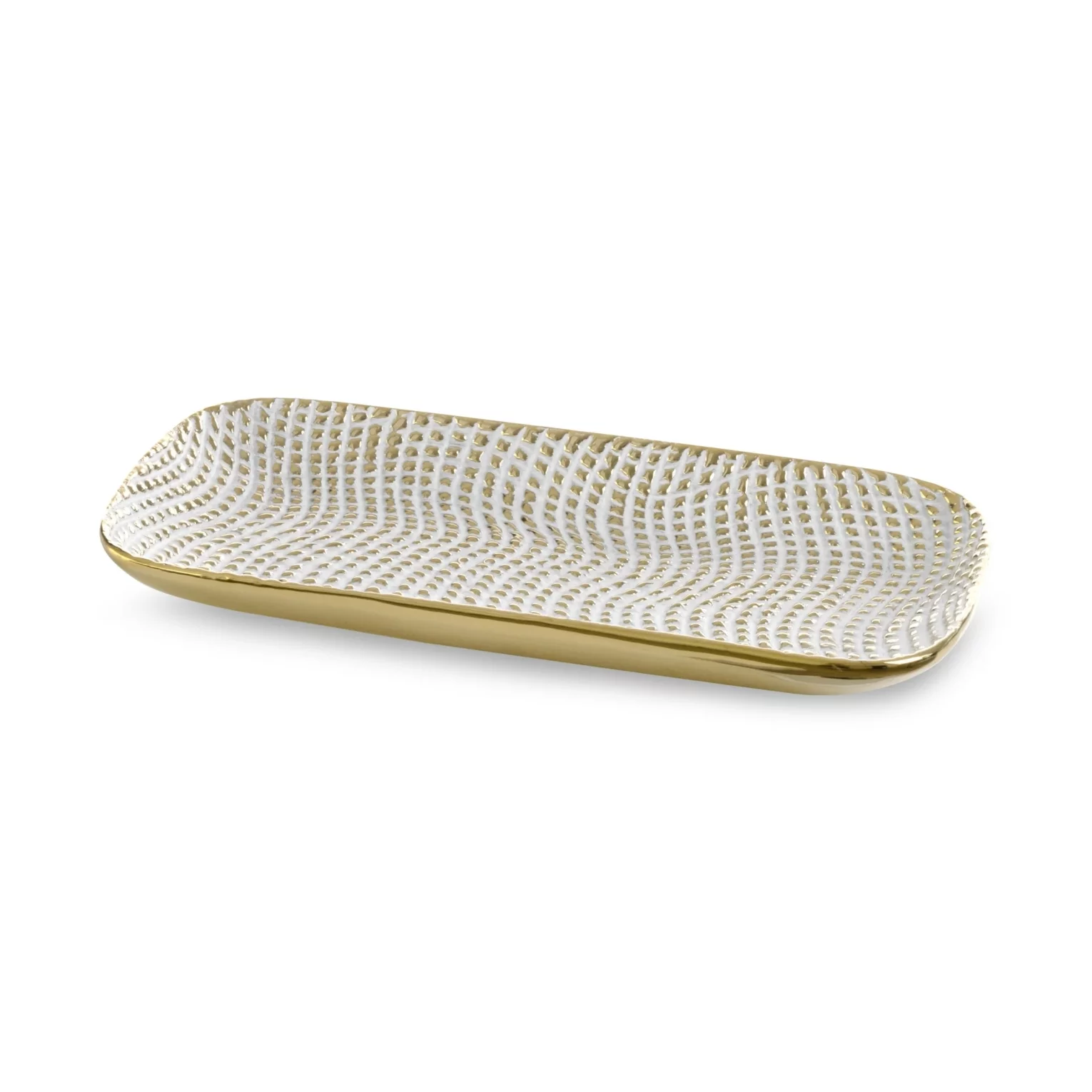 Patera ceramiczna dekoracyjna biało-złota o prostokątnym kształcie z drobnym wytłaczanym wzorem 30x16x3 cm VERDA