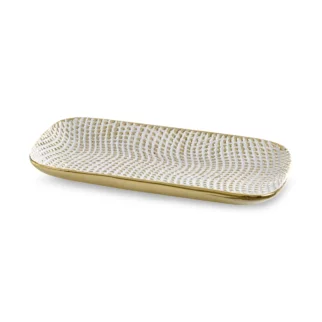Patera ceramiczna dekoracyjna biało-złota o prostokątnym kształcie z drobnym wytłaczanym wzorem 30x16x3 cm VERDA