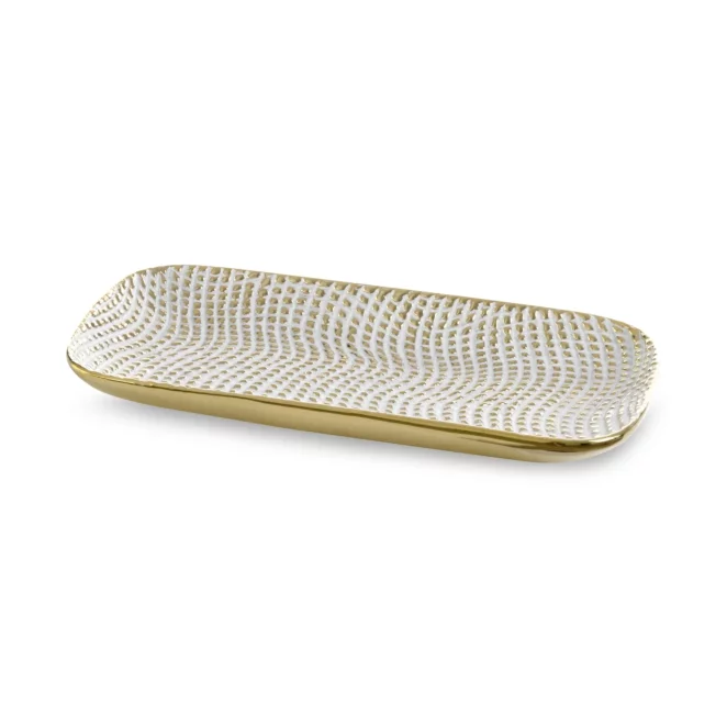 Patera ceramiczna dekoracyjna biało-złota o prostokątnym kształcie z drobnym wytłaczanym wzorem 30x16x3 cm VERDA