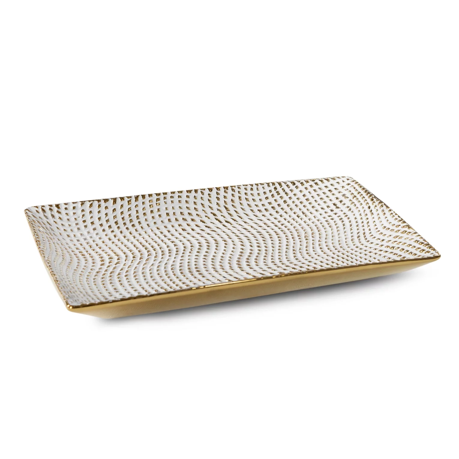 Patera ceramiczna dekoracyjna biało-złota o prostokątnym kształcie z drobnym wytłaczanym wzorem 35x20x4 cm VERDA