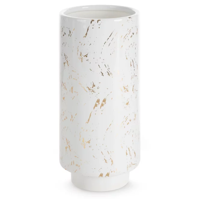 Wazon ceramiczny biało-złoty dekoracyjny zdobiony przecieranym wzorem średnica 13x30 cm ARIELA 2