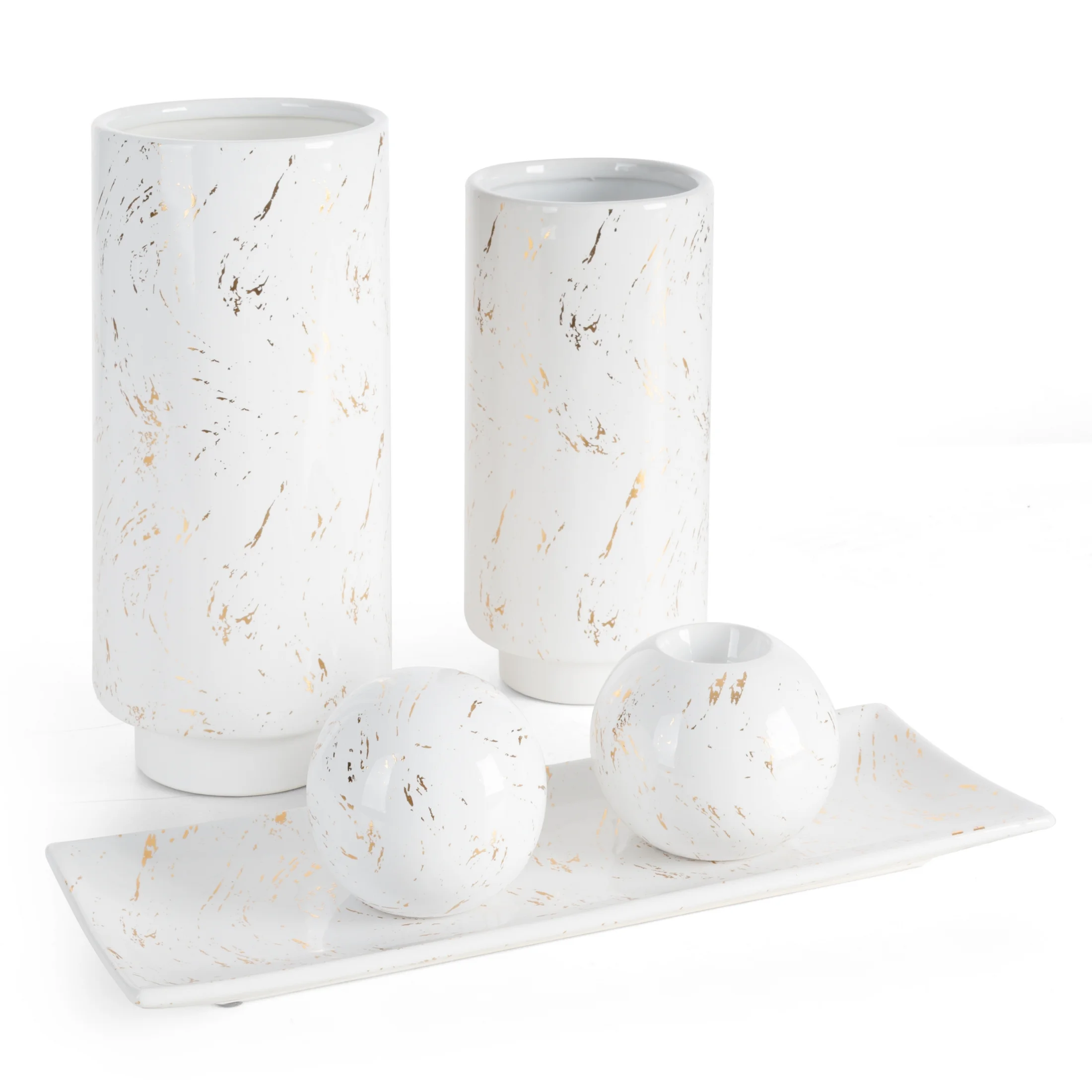 Wazon ceramiczny biało-złoty dekoracyjny zdobiony przecieranym wzorem średnica 13x30 cm ARIELA 2
