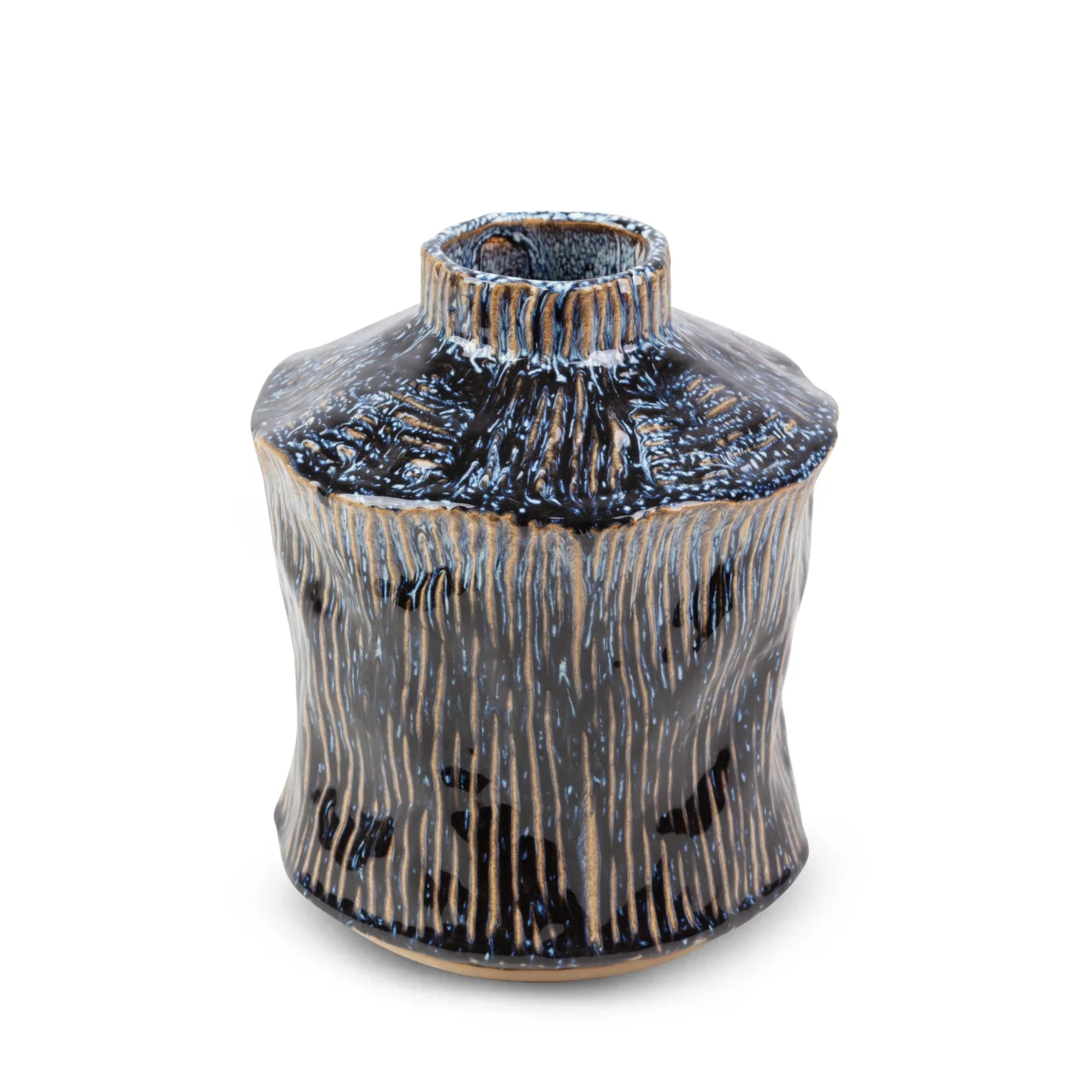 Wazon ceramiczny granatowo-beżowy o nieregularnym kształcie w stylu boho średnica 17x20 cm ALDA