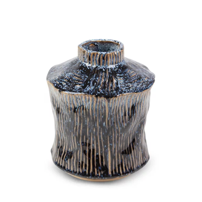 Wazon ceramiczny granatowo-beżowy o nieregularnym kształcie w stylu boho średnica 17x20 cm ALDA
