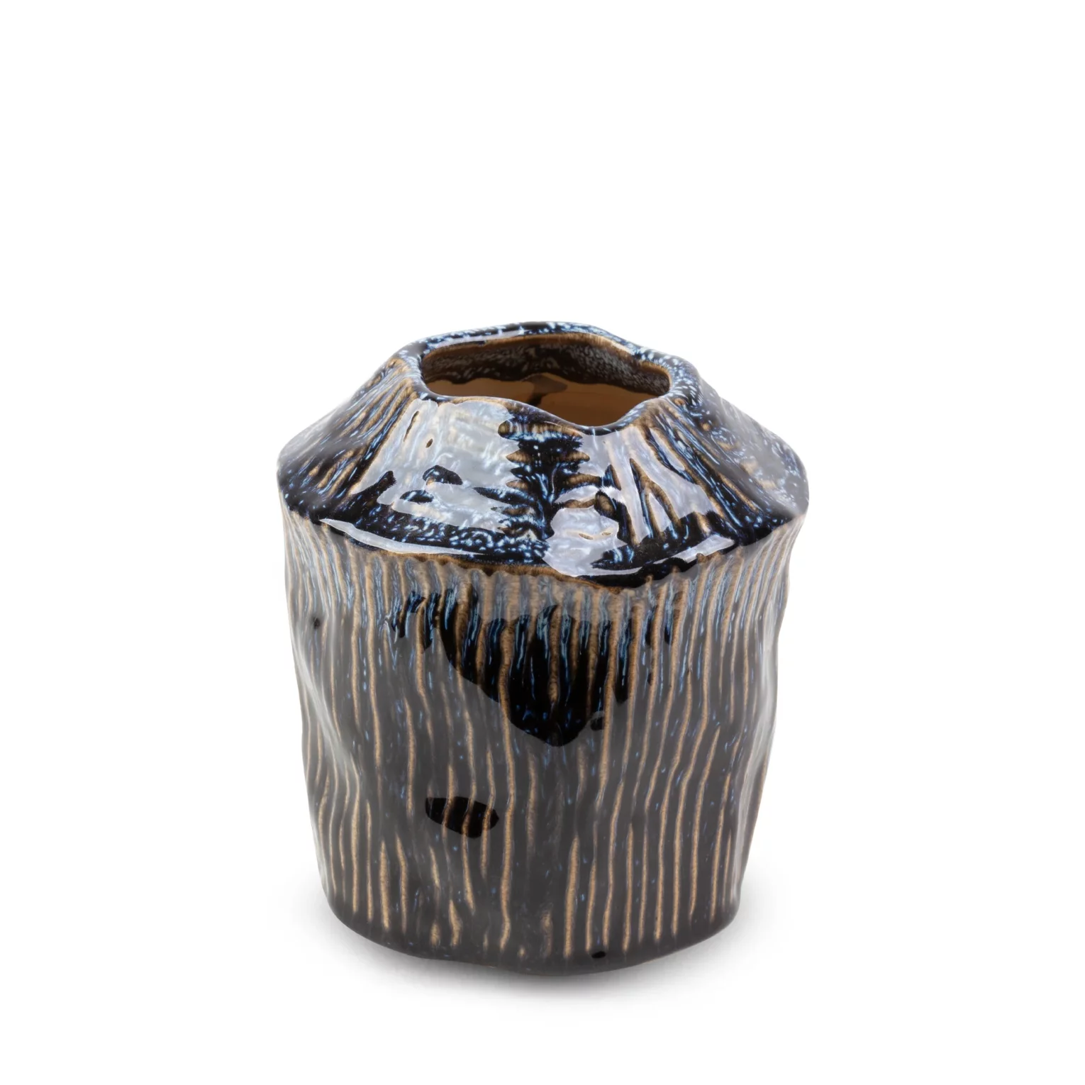Wazon ceramiczny granatowo-beżowy o nieregularnym kształcie w stylu boho średnica 13x14 cm ALDA
