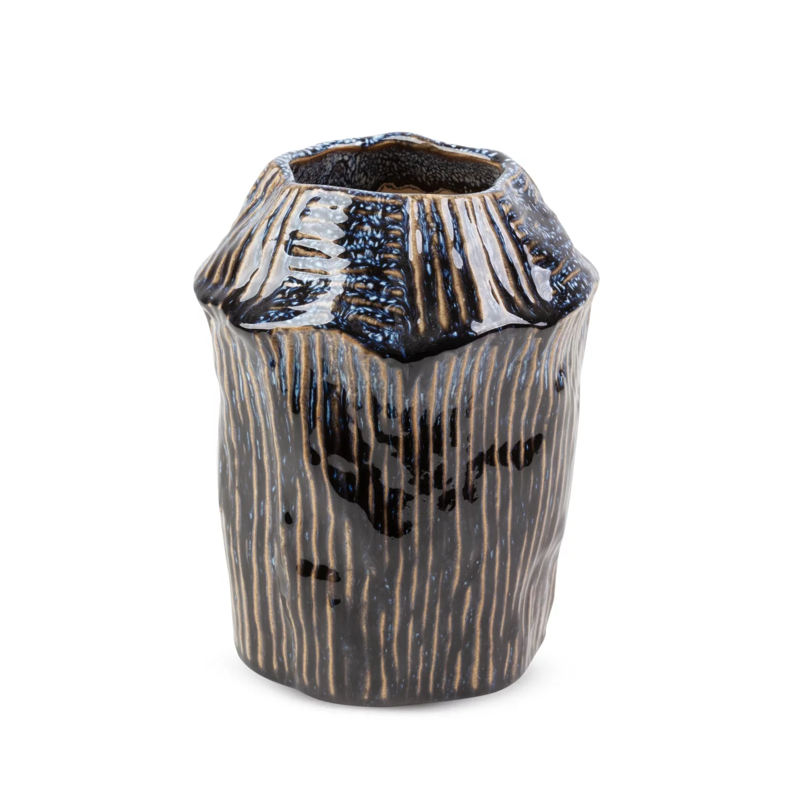 Wazon ceramiczny granatowo-beżowy o nieregularnym kształcie w stylu boho średnica 16x21 cm ALDA