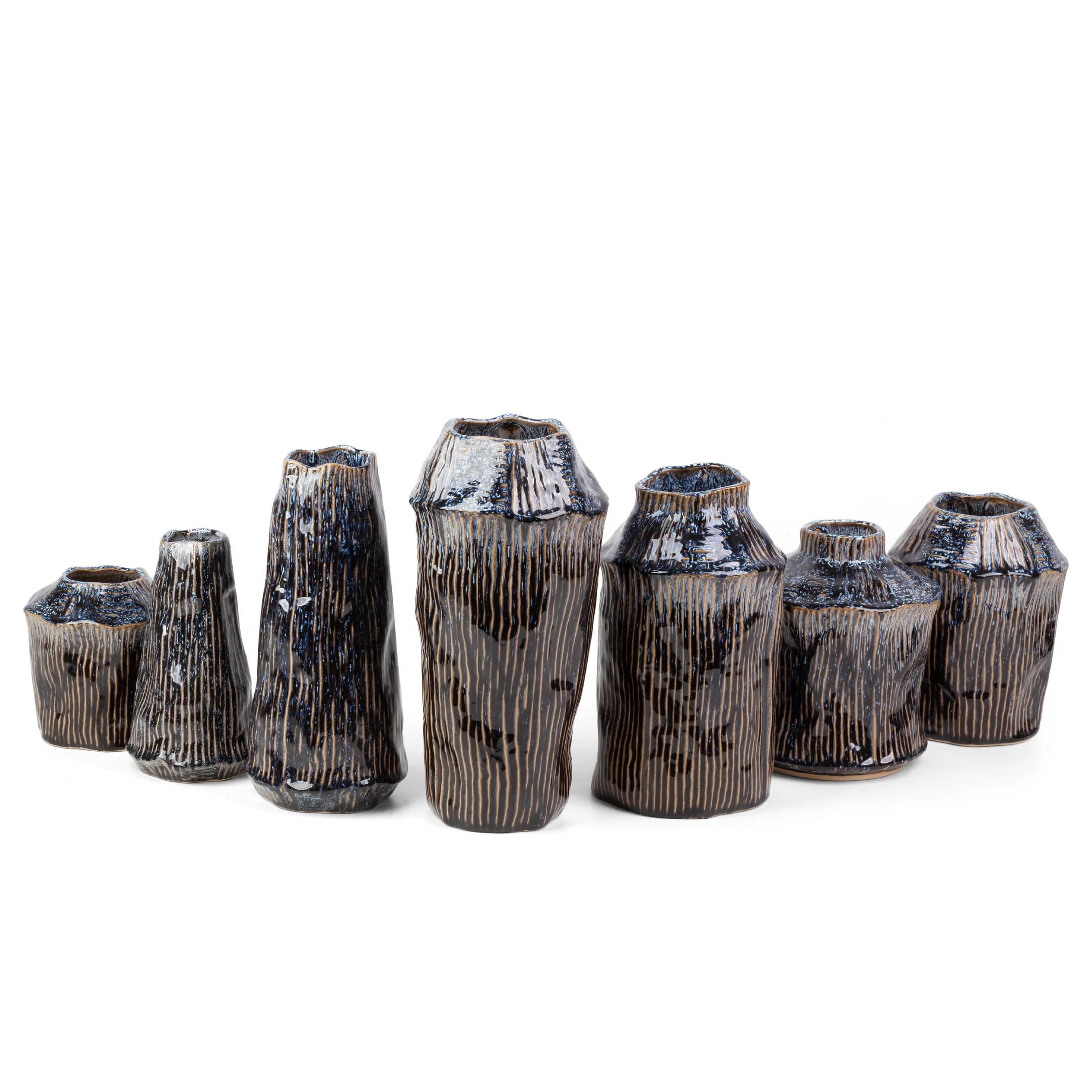 Wazon ceramiczny granatowo-beżowy o nieregularnym kształcie w stylu boho średnica 16x21 cm ALDA