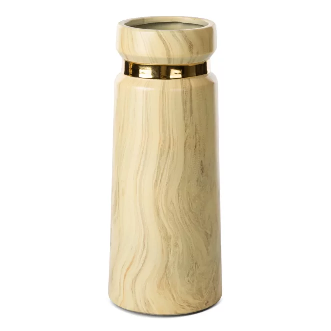 Wazon ceramiczny beżowo-złoty o nowoczesnym kształcie i marmurowej strukturze średnica 12x30 cm ALIZA