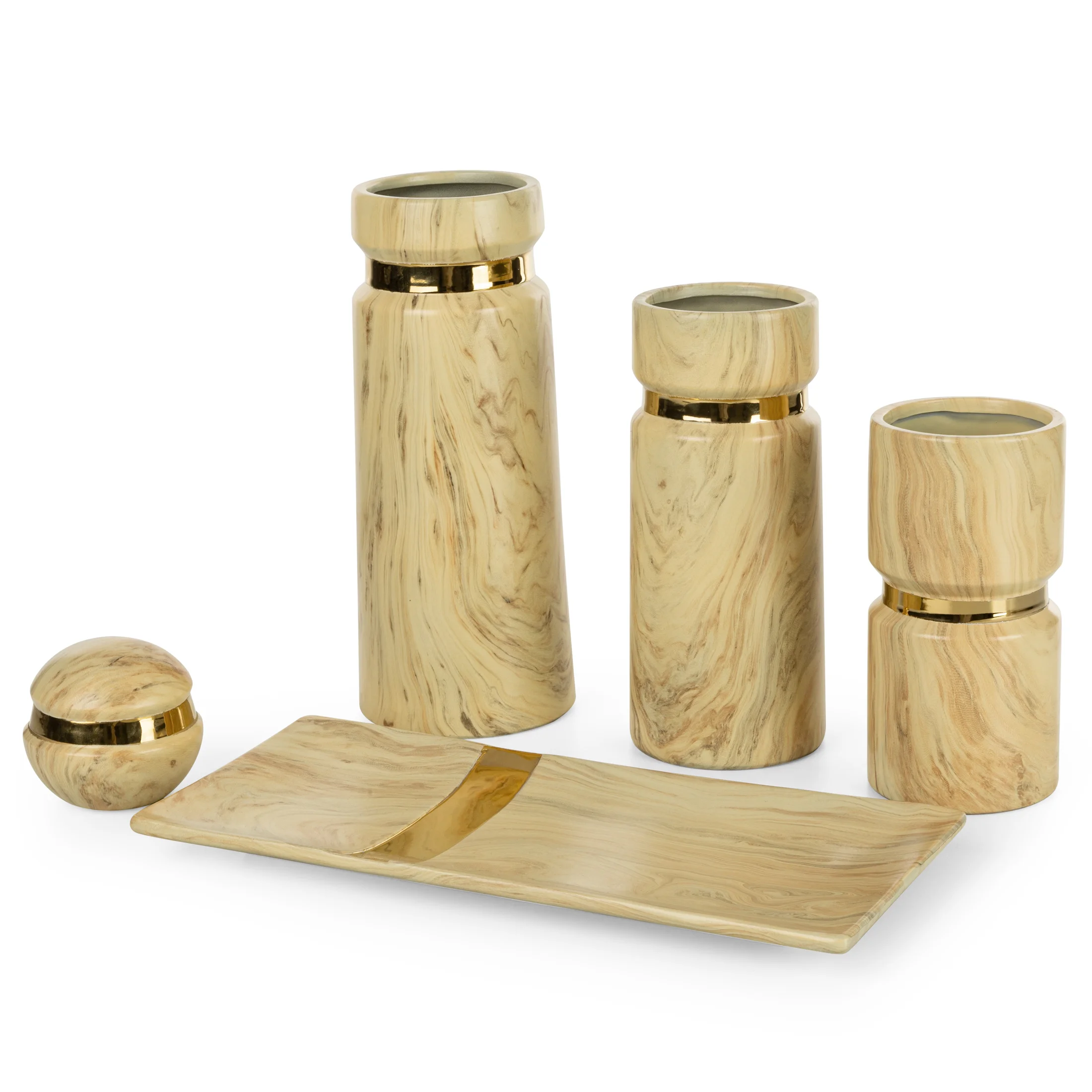 Wazon ceramiczny beżowo-złoty o nowoczesnym kształcie i marmurowej strukturze średnica 12x30 cm ALIZA