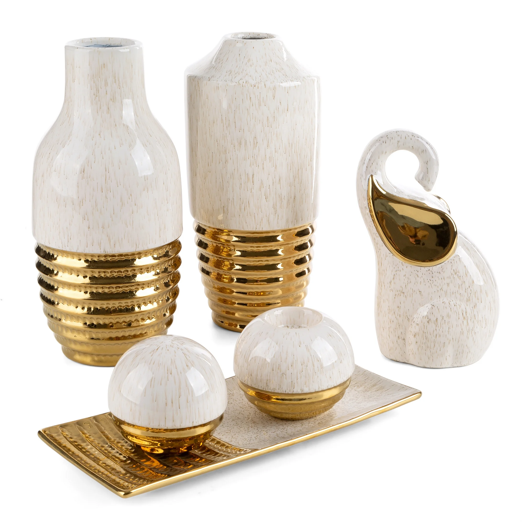 Wazon ceramiczny beżowo-złoty dekoracyjny łączący wytłaczany wzór z gładką lśniącą powierzchnią średnica 14x30 cm ARI