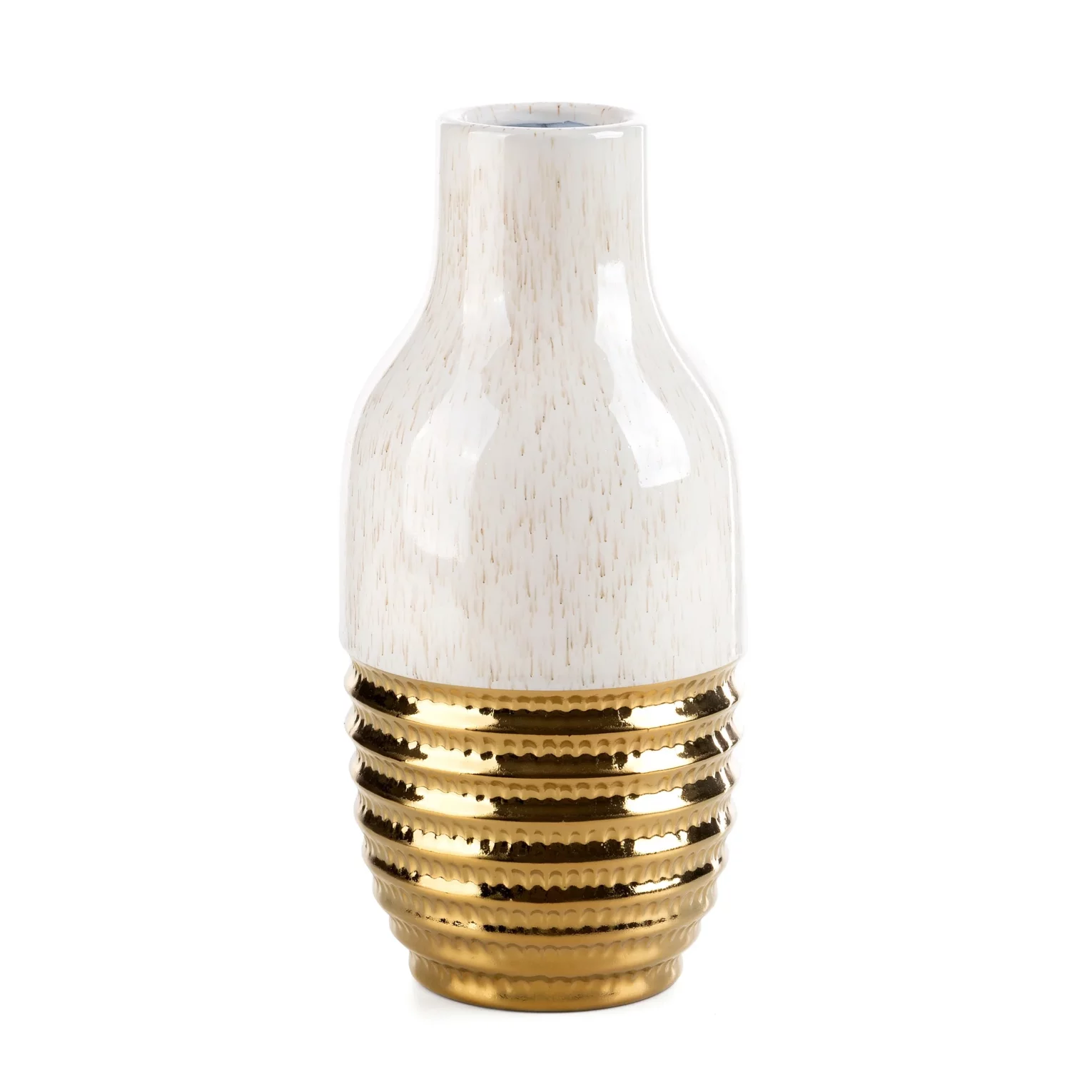 Wazon ceramiczny beżowo-złoty dekoracyjny łączący wytłaczany wzór z gładką lśniącą powierzchnią średnica 14x30 cm ARI