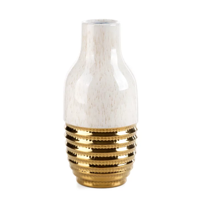 Wazon ceramiczny beżowo-złoty dekoracyjny łączący wytłaczany wzór z gładką lśniącą powierzchnią średnica 14x30 cm ARI