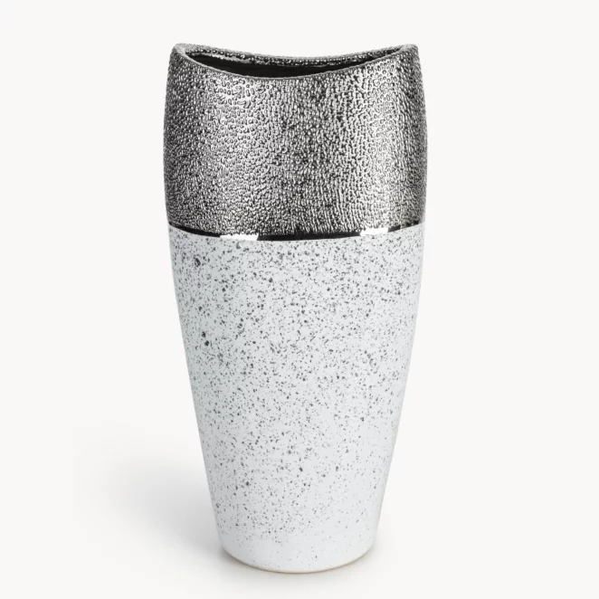 Wazon ceramiczny biało-srebrny zdobiony imitacją granitu 20x14x40 cm MILO
