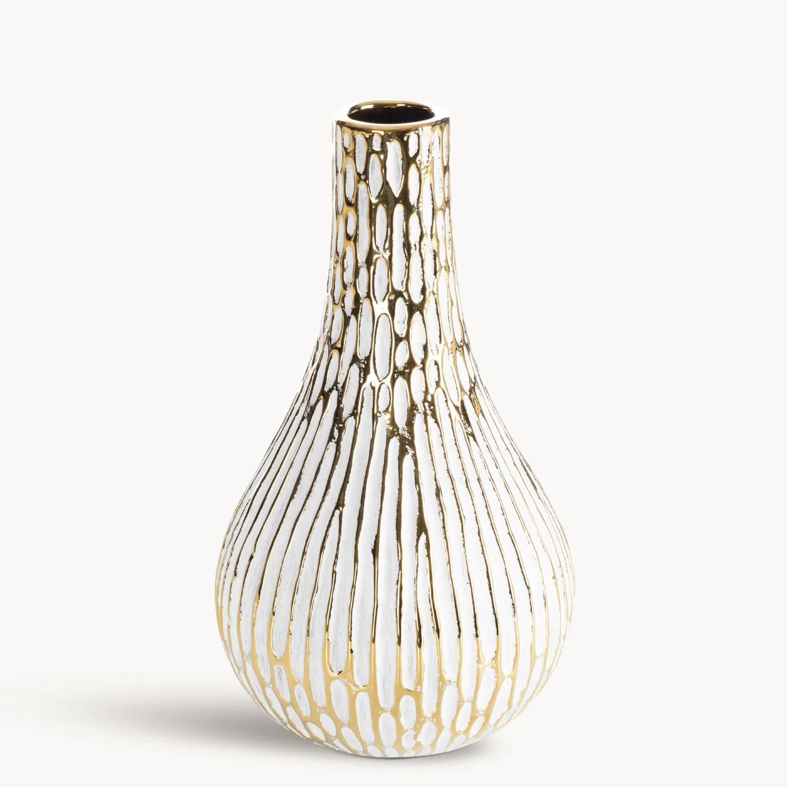Wazon ceramiczny biało, złoty o ozdobnej fakturze 14x25 cm ANDREA