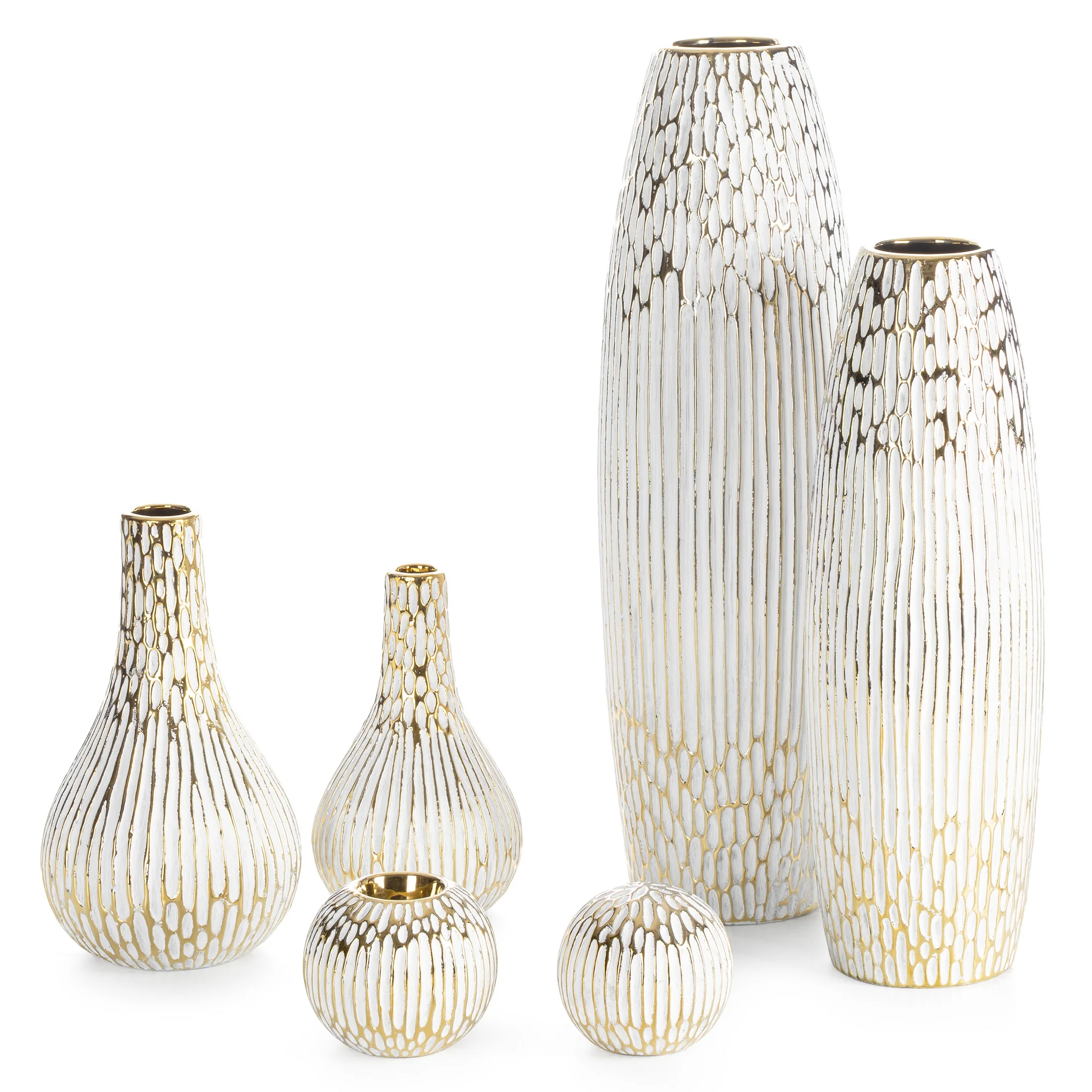Wazon ceramiczny biało, złoty o ozdobnej fakturze 15x50 cm ANDREA