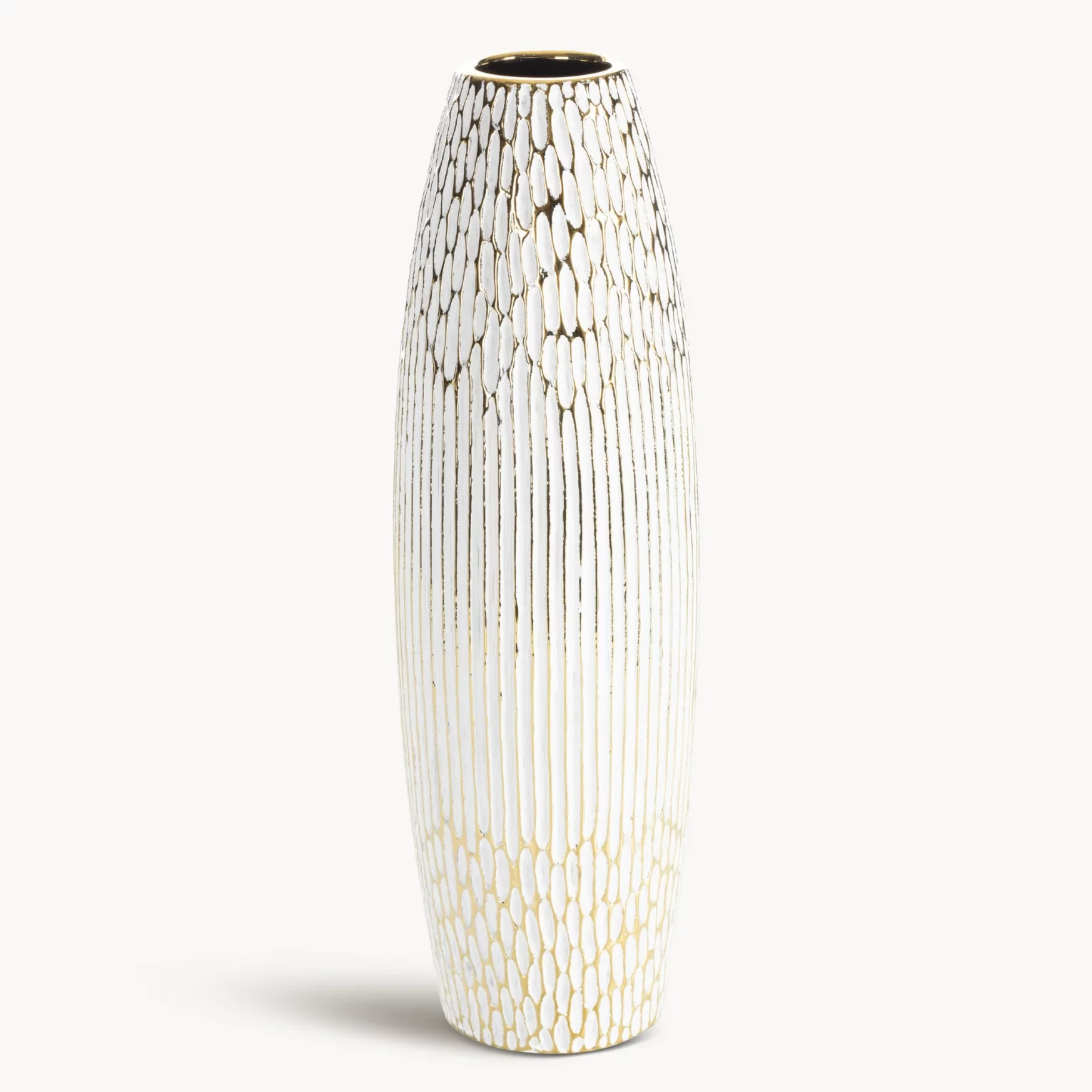Wazon ceramiczny biało, złoty o ozdobnej fakturze 15x50 cm ANDREA