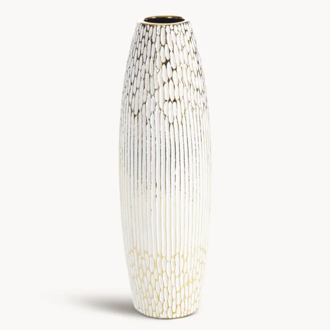 Wazon ceramiczny biało, złoty o ozdobnej fakturze 15x50 cm ANDREA