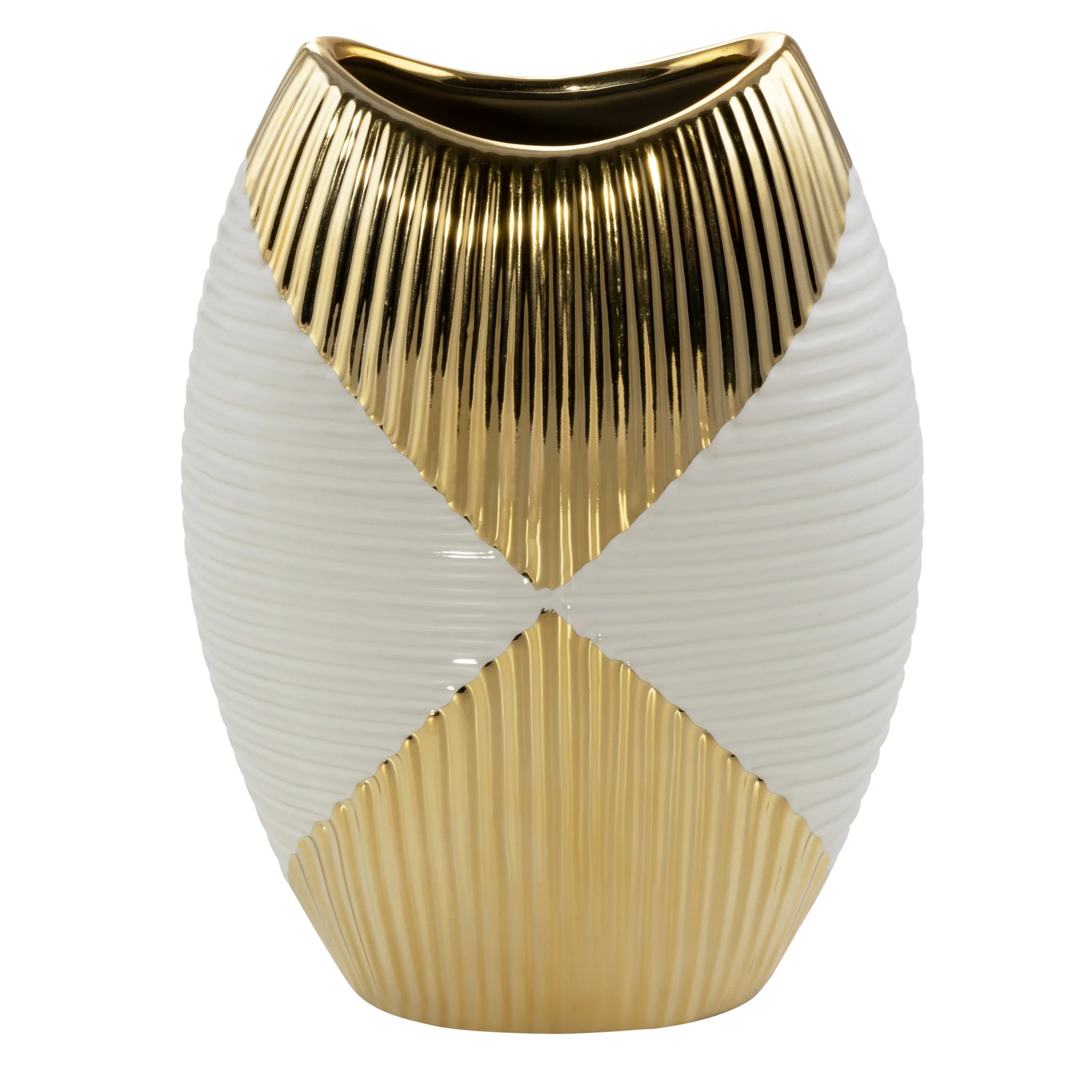 Wazon ceramiczny biało-złoty z geometrycznym wzorem