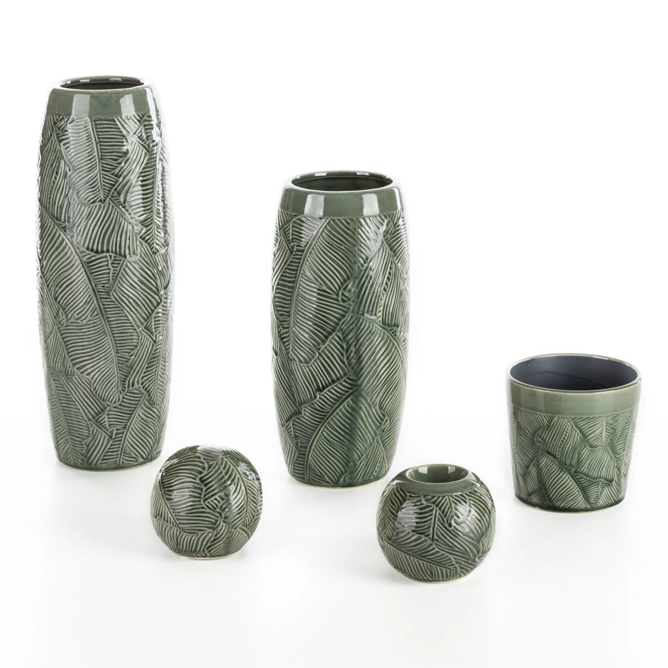 Wazon ceramiczny turkusowo-zielony z wytłaczanym wzorem liści średnica 14x40 cm DARA