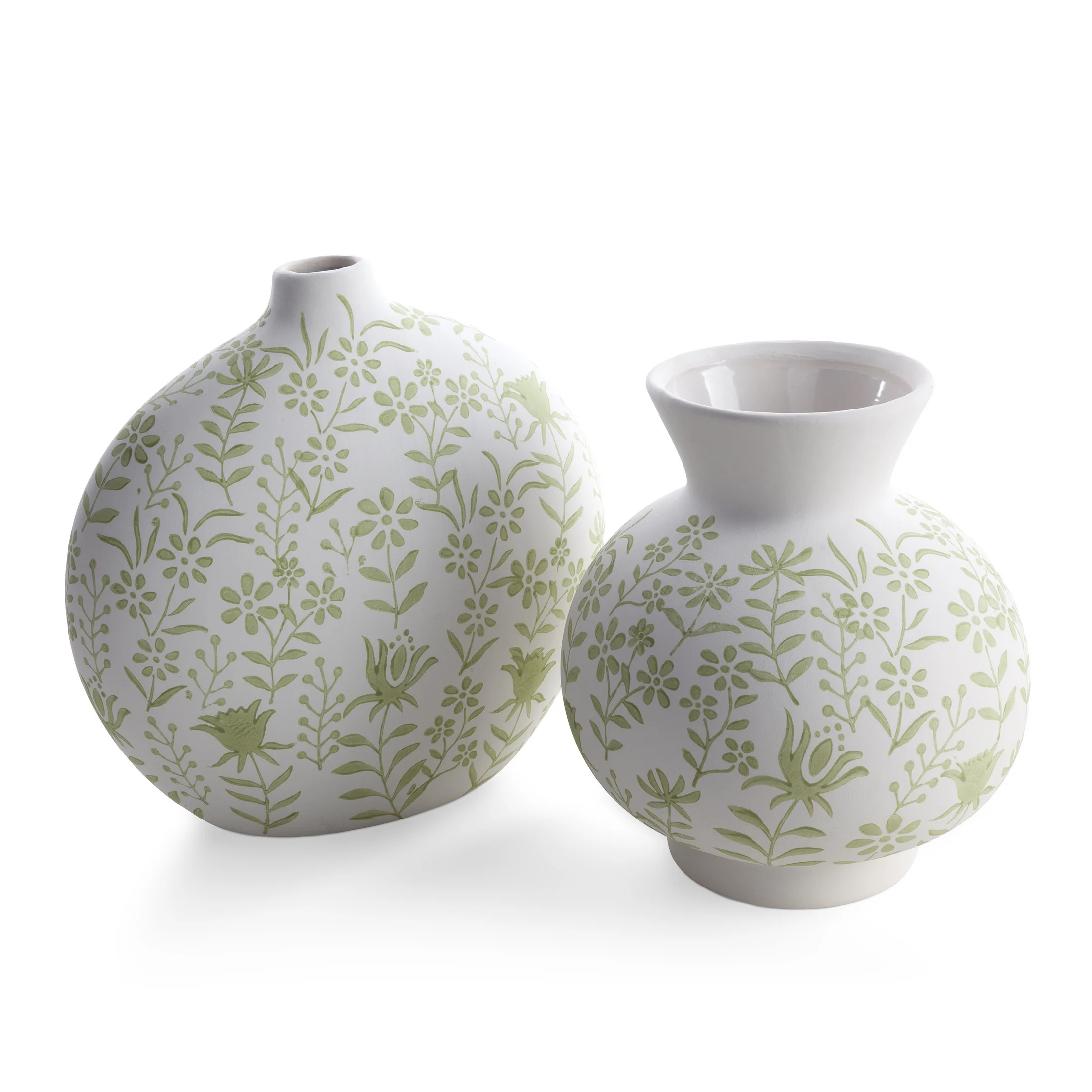 Wazon ceramiczny kremowo-zielony dekoracyjny matowy w drobne kwiatuszki 29x15x28 cm FLORA - kolekcja FOREST SUMMER