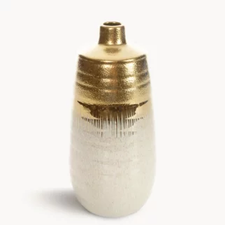 Wazon ceramiczny  kremowo-złoty łączący fakturę granitu z lśniącą powierzchnią 15x15x30 cm