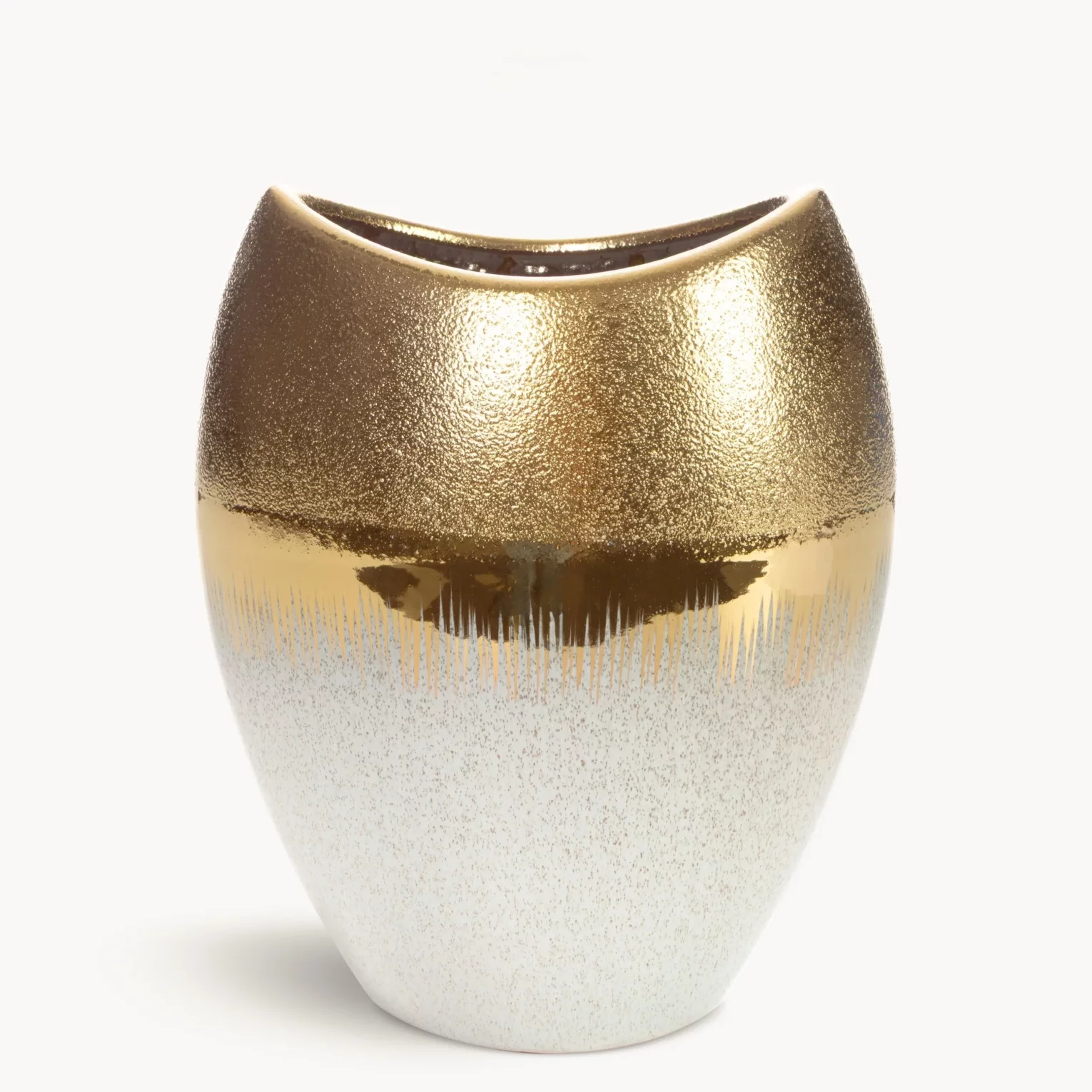 Wazon ceramiczny  kremowo-złoty łączący fakturę granitu z lśniącą powierzchnią 24x15x30 cm
