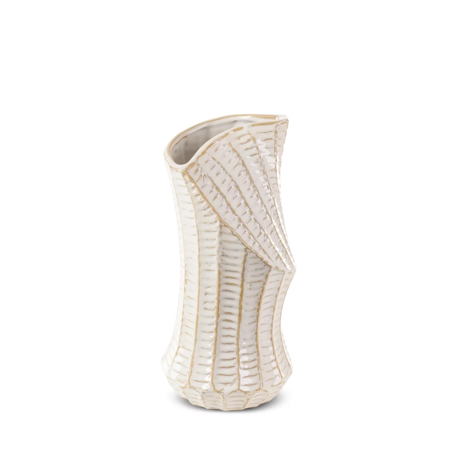 Wazon ceramiczny  kremowo-złoty z wytłaczanym wzorem o ściętym kształcie średnica 14x29 cm LIZA