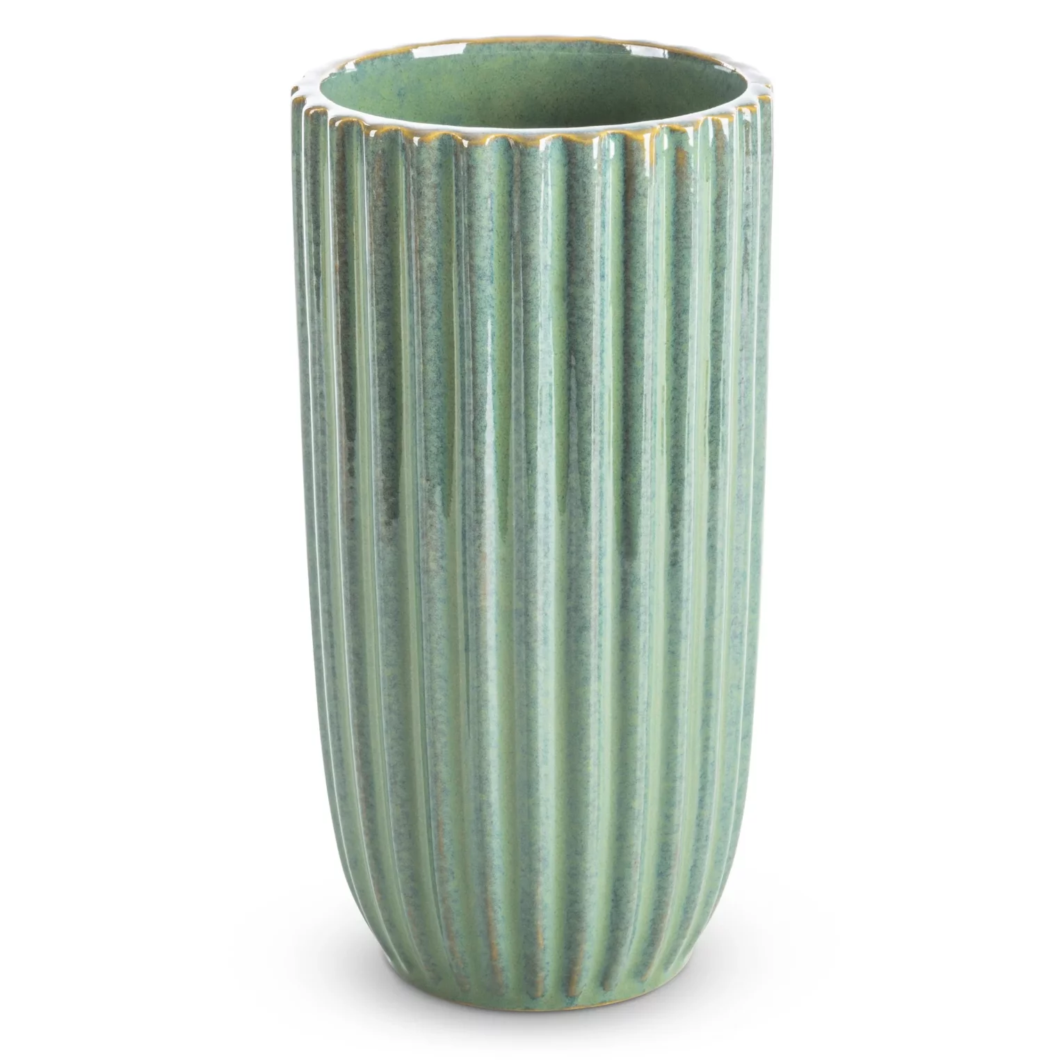 Wazon ceramiczny zielono-beżowy na donicę  ze żłobieniami średnica 13x25 cm ARINA