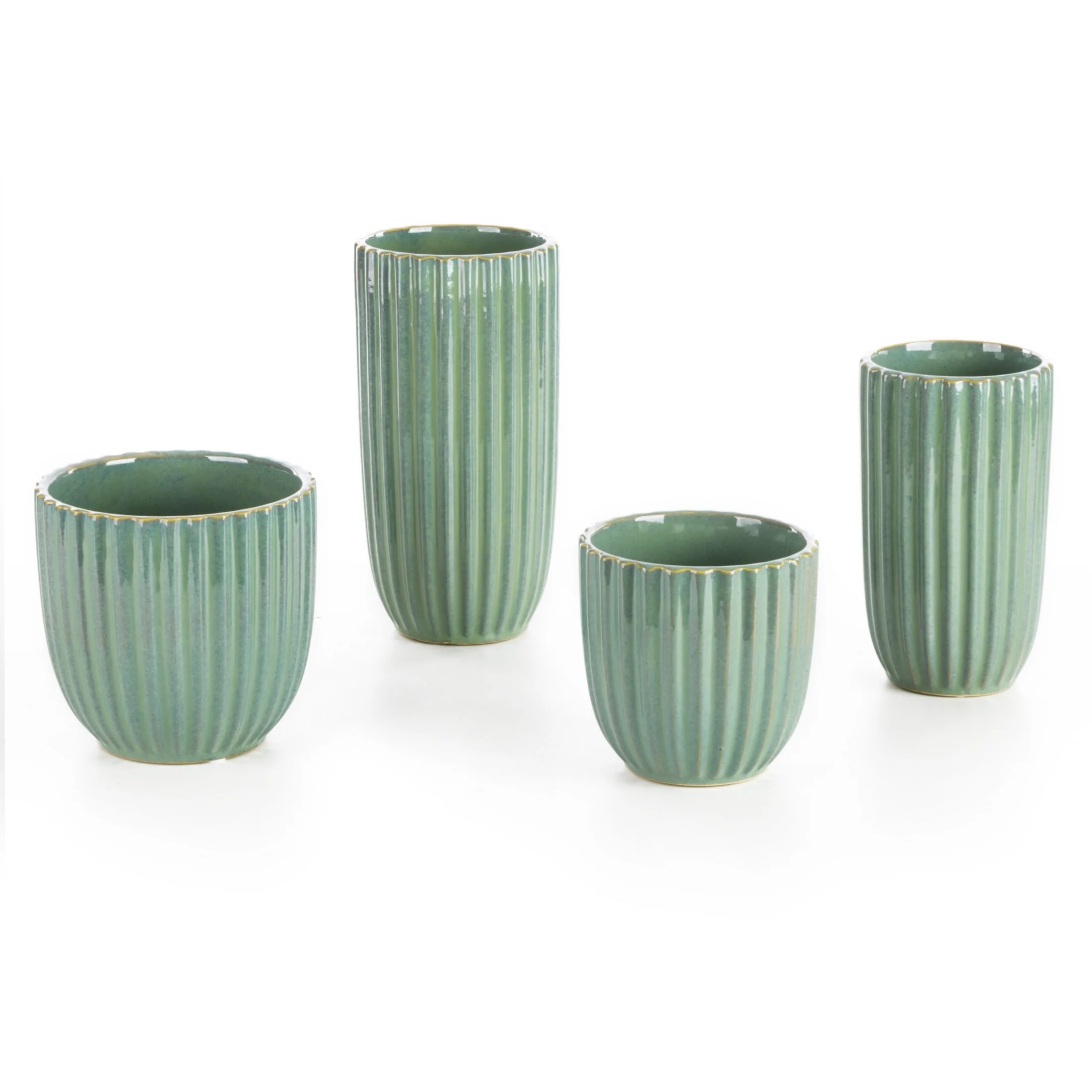 Wazon ceramiczny zielono-beżowy na donicę ze żłobieniami średnica 13x25 cm ARINA