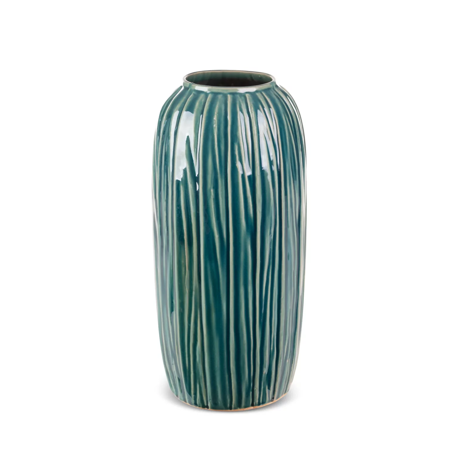 Wazon ceramiczny zielono-beżowy  w stylu boho w prążki średnica 17x36 cm