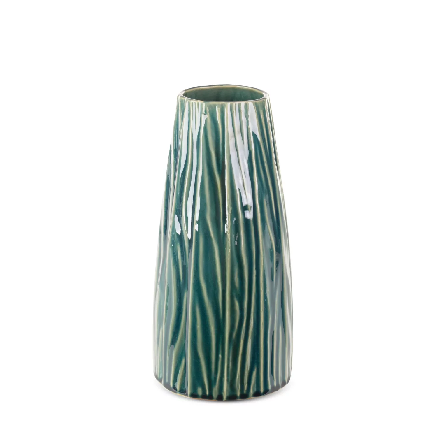 Wazon ceramiczny zielono-beżowy  w stylu boho w prążki średnica 14x29 cm