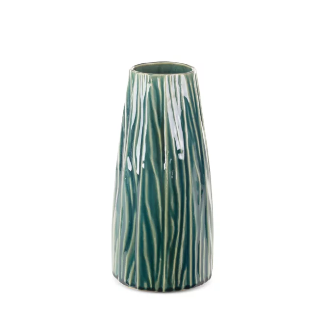 Wazon ceramiczny zielono-beżowy  w stylu boho w prążki średnica 14x29 cm