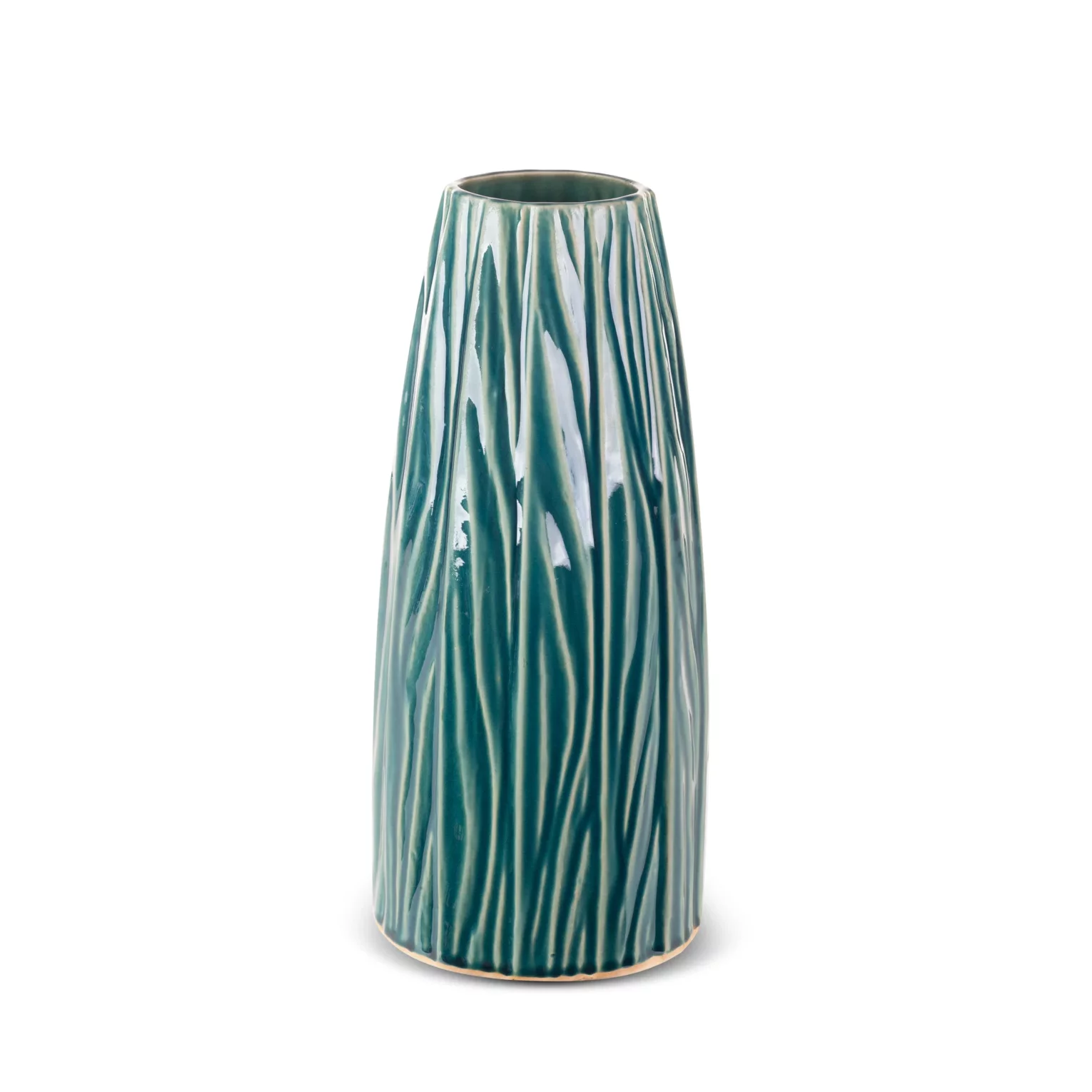 Wazon ceramiczny zielono-beżowy  w stylu boho w prążki średnica 16x34 cm
