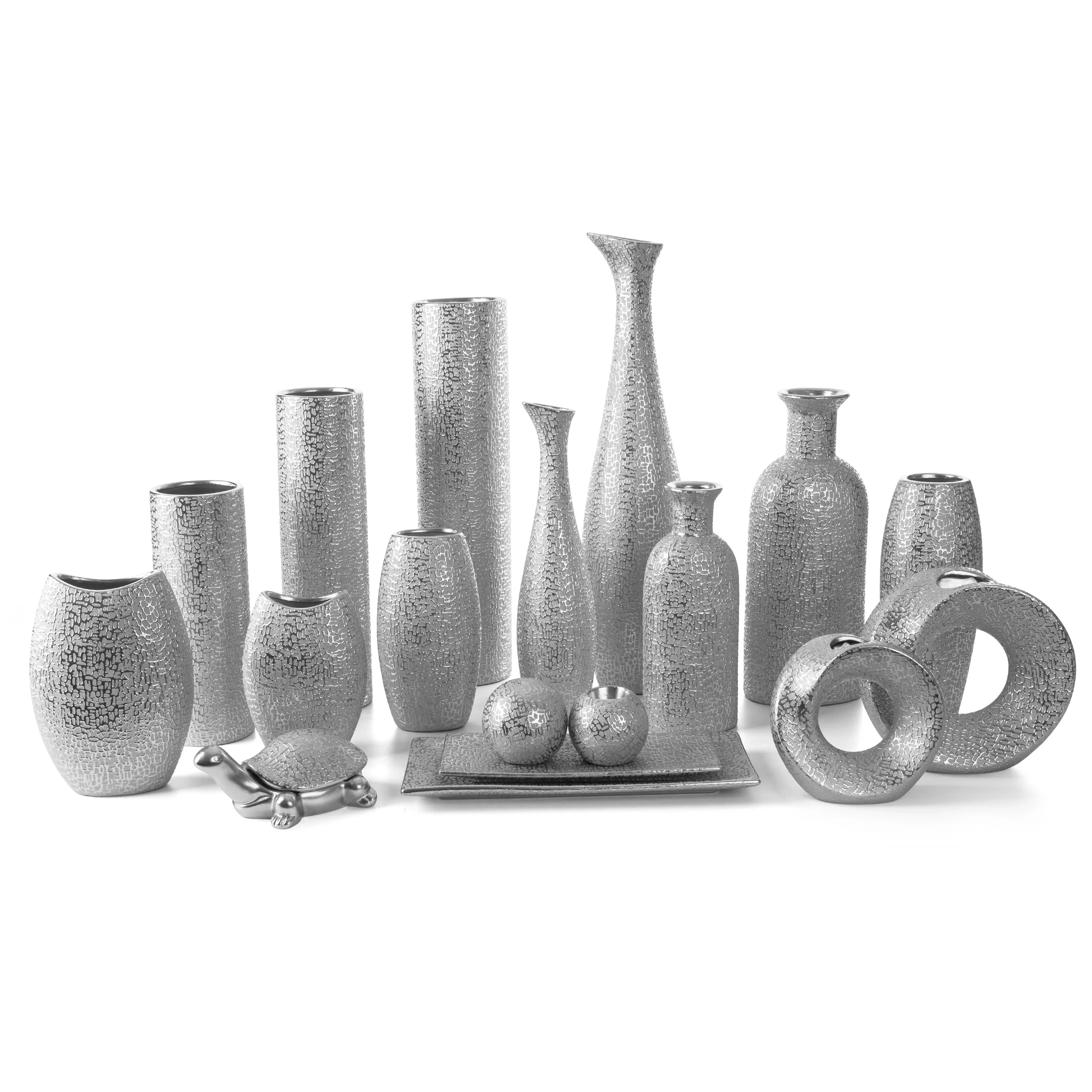 Wazon ceramiczny srebrny z drobnym błyszczącym wzorem 16x11x40 cm RISO