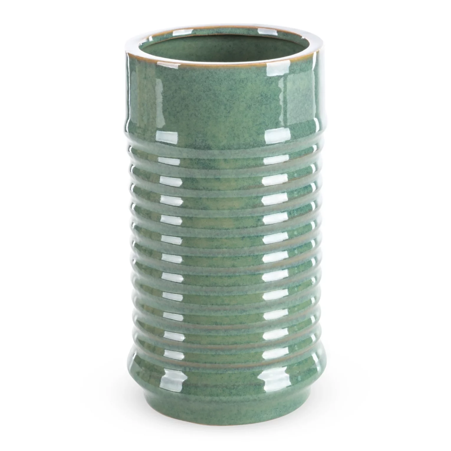 Wazon ceramiczny zielony o kształcie walca ze żłobieniami średnica 15x26 cm  SAMI