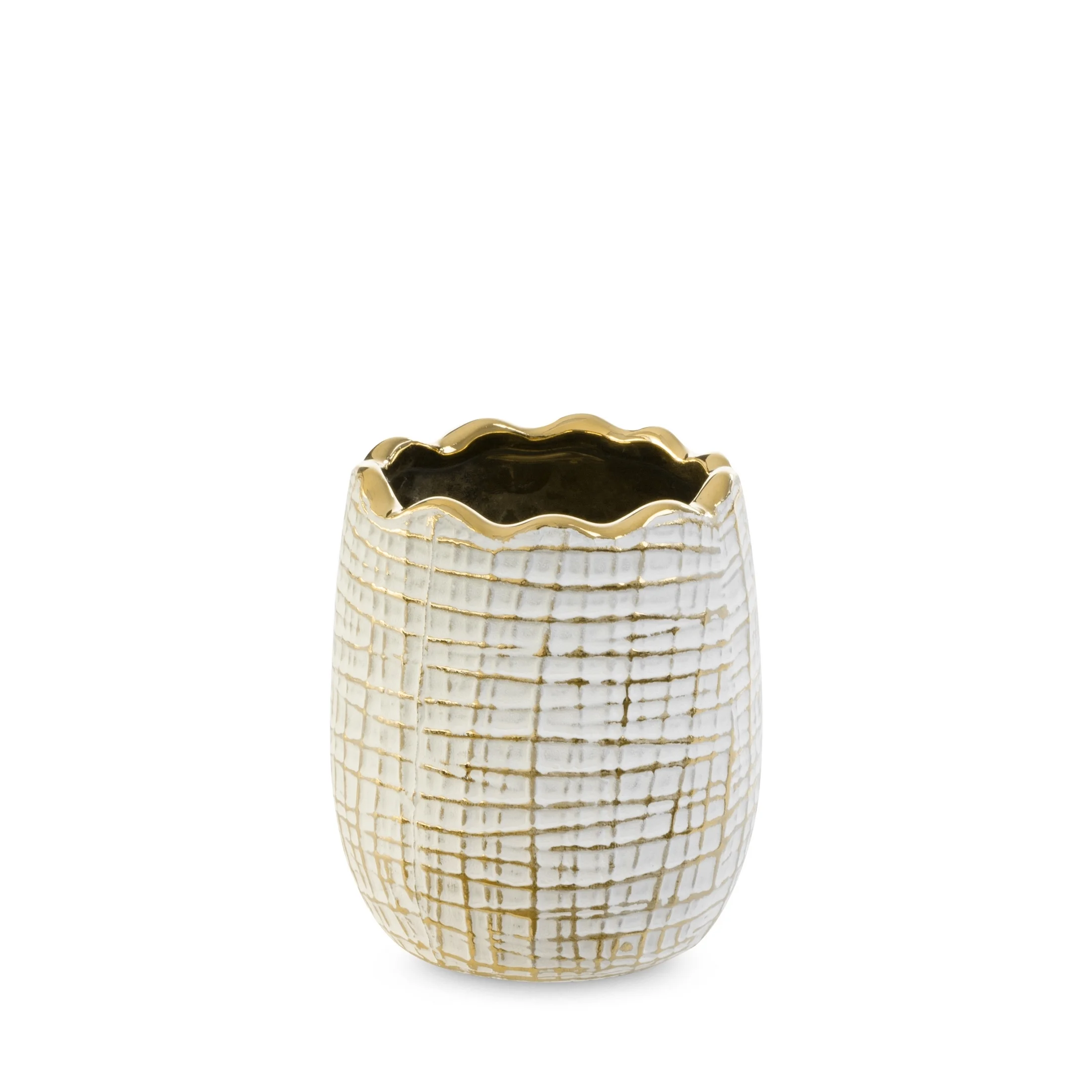 Wazon ceramiczny SELMA z wytłaczanym wzorem biało-złoty