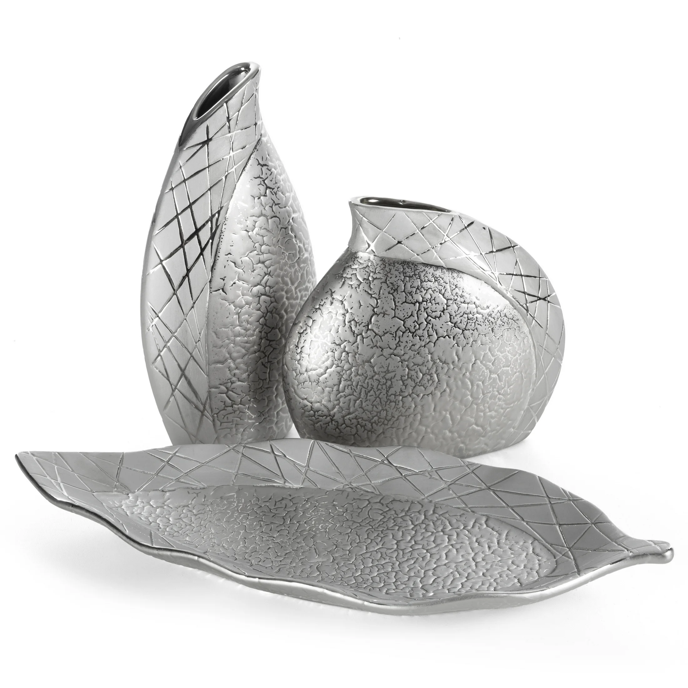 Wazon ceramiczny srebrny łączący strukturalną powierzchnie z lśniącym wzorem 15x8x26 cm ALIRA