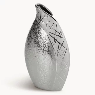 Wazon ceramiczny srebrny łączący strukturalną powierzchnie z lśniącym wzorem 15x8x26 cm ALIRA