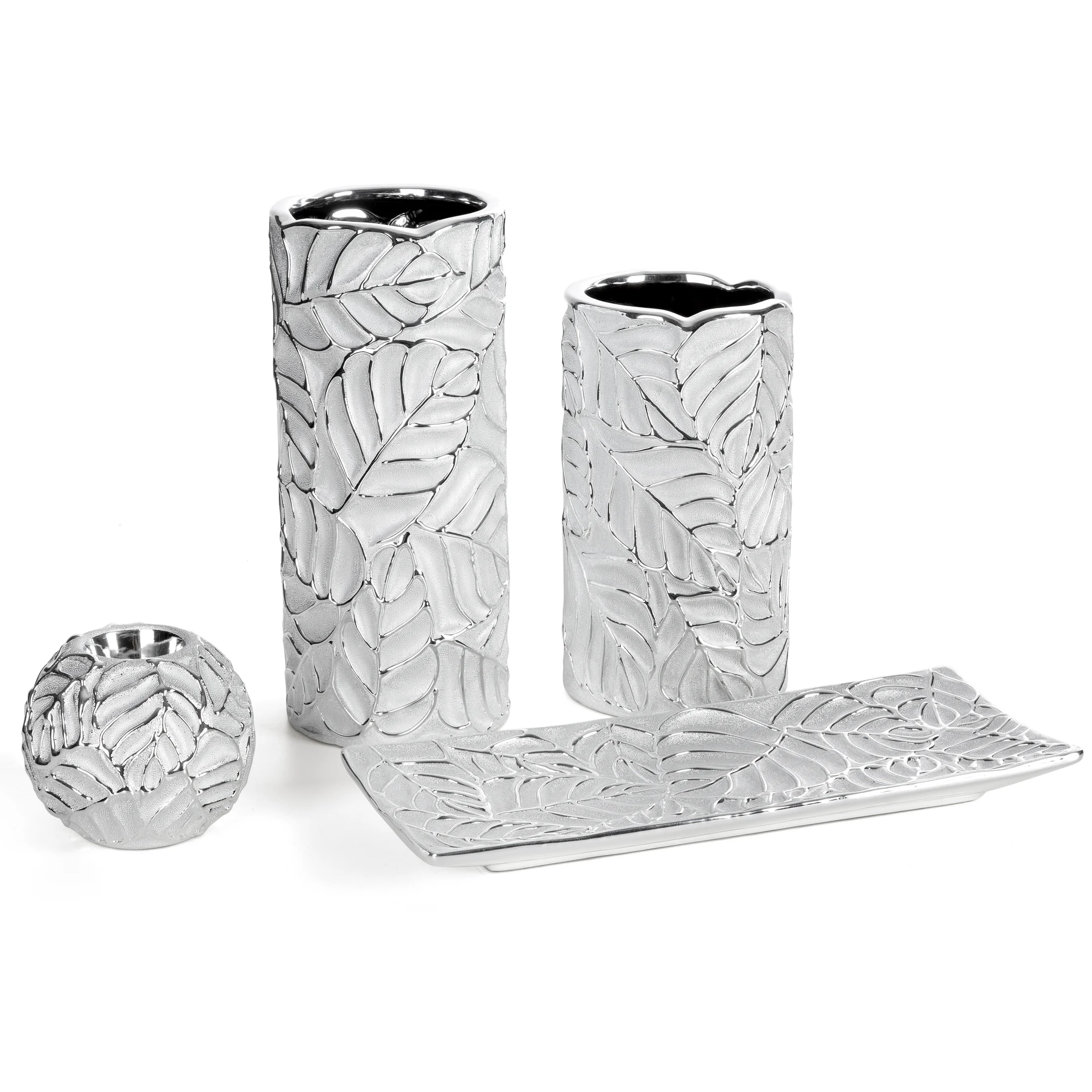 Wazon ceramiczny srebrny z tłoczonym wzorem liści 11x11x25 cm MIRIAM