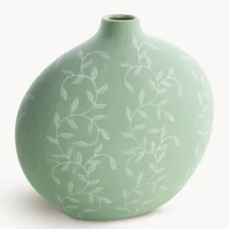 Wazon ceramiczny zielono-biały dekoracyjny matowy w drobne listeczki 29x15x28 cm FLORA - kolekcja FOREST SUMMER